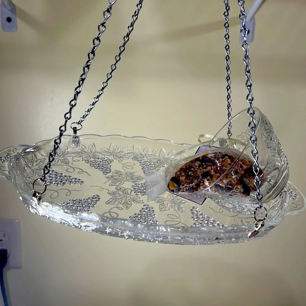 Snack plate and punch cup bird feeder made of vintage glassware